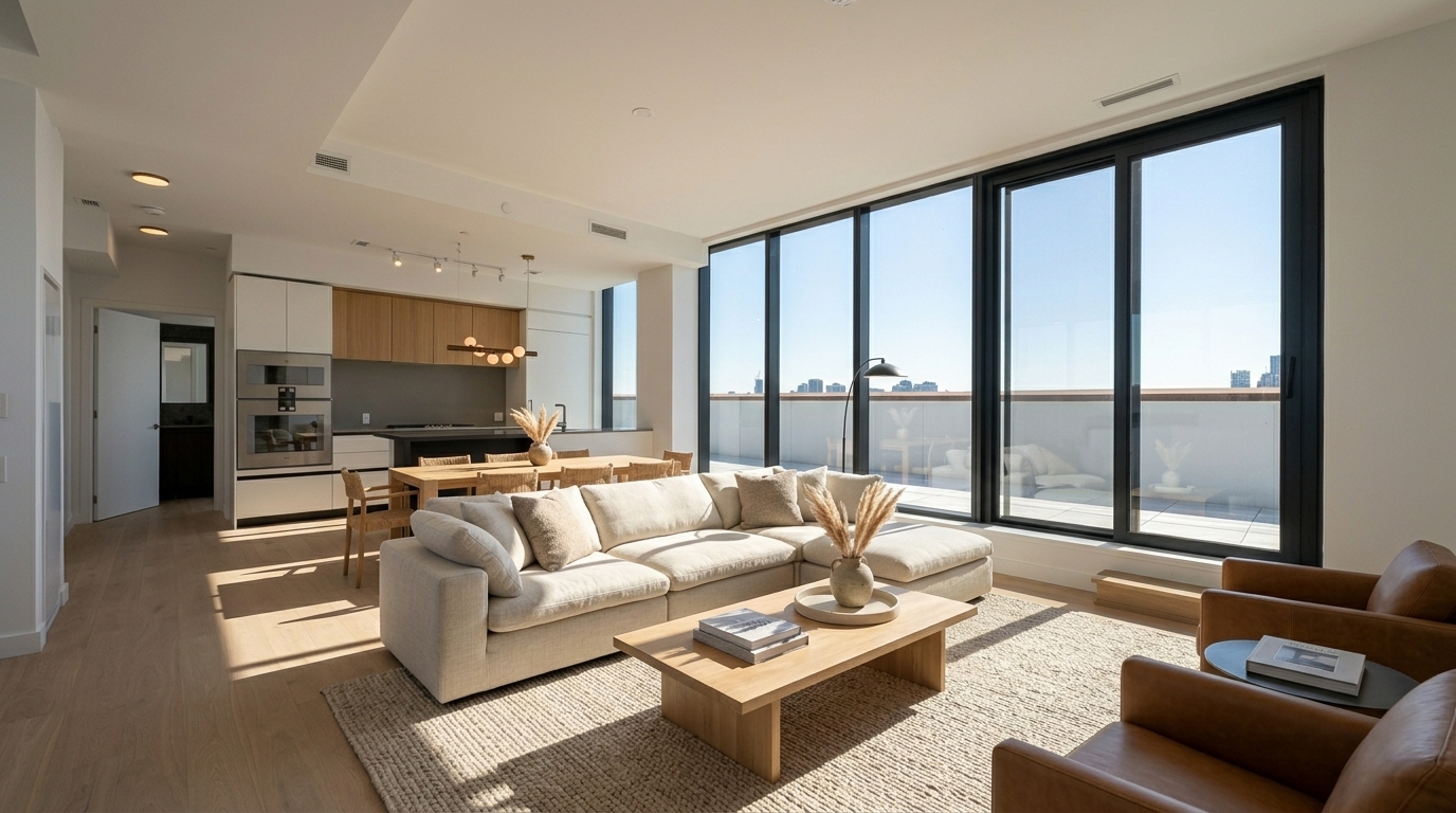 Penthouse living and kitchen